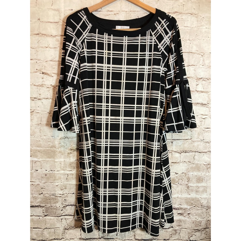 Sandra Darren Dress Womens 10 Black & White Check Bell Sleeve A Line Stretch